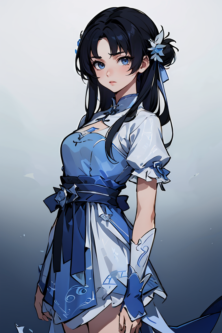 395214-2331155557-masterpiece,best quality,extremely detailed 8K wallpaper,1girl,zhaolinger,blue and white dress,black hair,standing,looking at vi.png